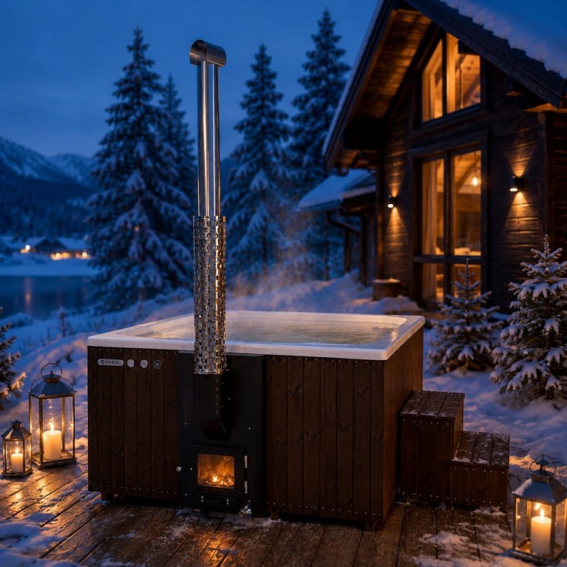 Bain nordique carré 205 cm SKADI installé sur terrasse de chalet avec poêle intégré